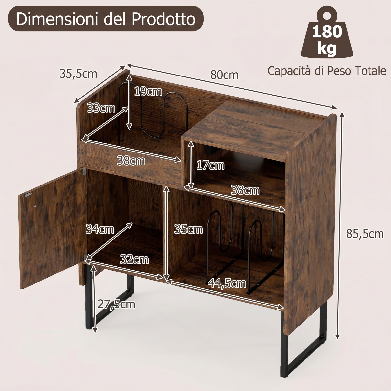 COSTWAY Mobile Giradischi con Stazione di Ricarica, Supporto Porta Vinili e Dischi, Tavolino con Armadietto e Scomparti Aperti, Stile Vintage, in Legno e Metallo, 80 x 35,5 x 85,5 cm