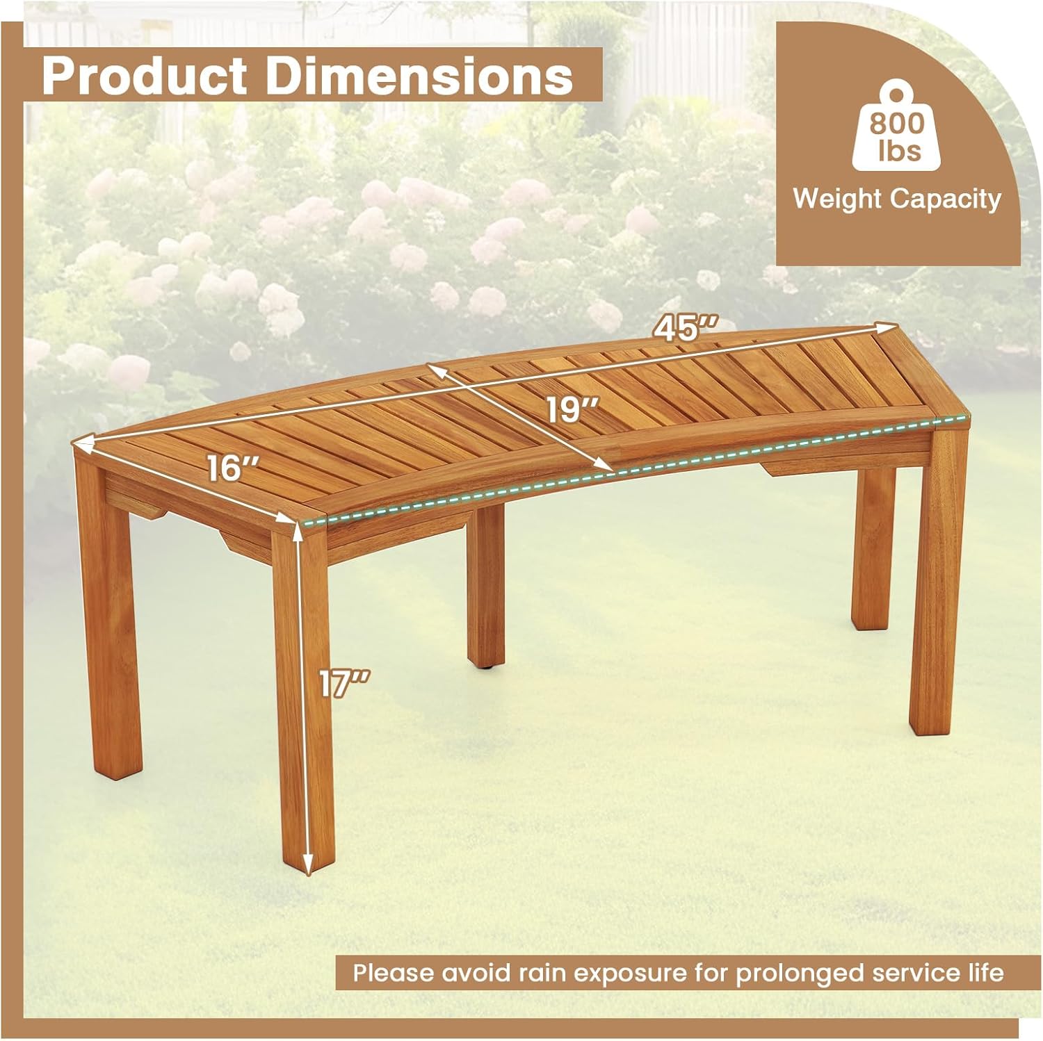 Tangkula Outdoor Curved Bench, Acacia Wood Fire Pit Bench w/Slatted Seat, Patio Backless 2-Person Seating for Porch, Yard, Garden, 800 LBS Max Load, Oil Painted (1, 45")