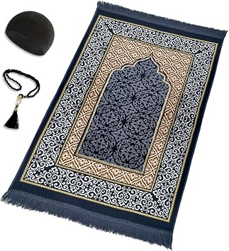 Velvet Islamic Prayer Rug Set Thick Prayer Mat - 99 Tasbih Prayer Beads - Black Cotton Kufi Hat Eid and Ramadan Gift for Muslims Blue