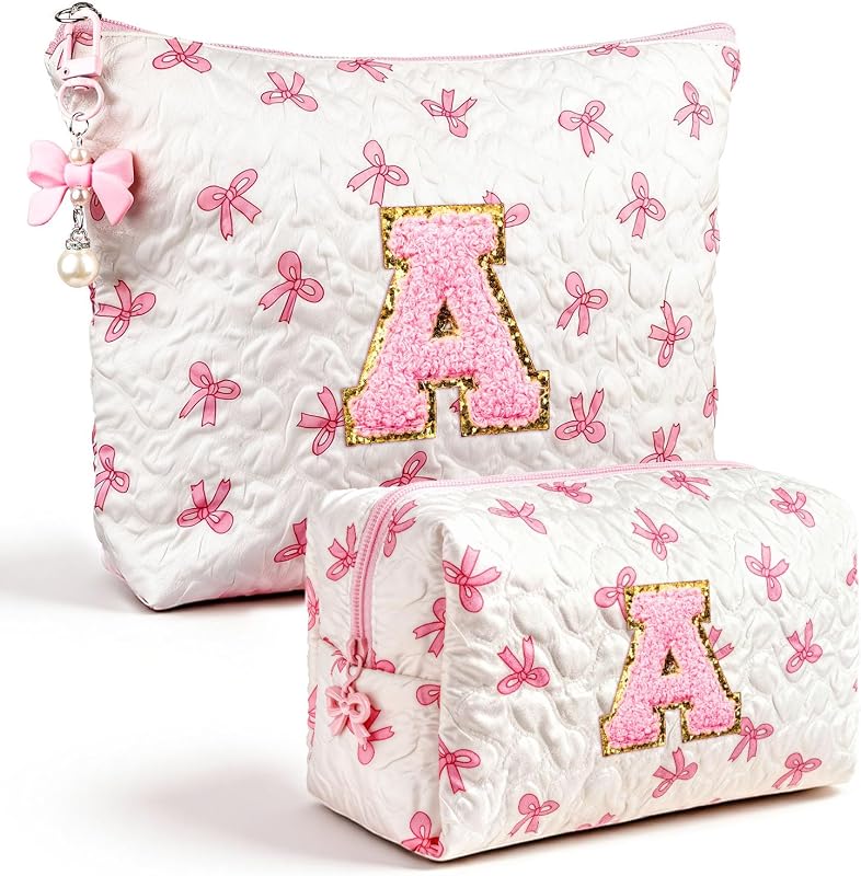 Necessaire de maquiagem Giftota com estampa de letra, zíper e laço, modelo A, Pacote com 2