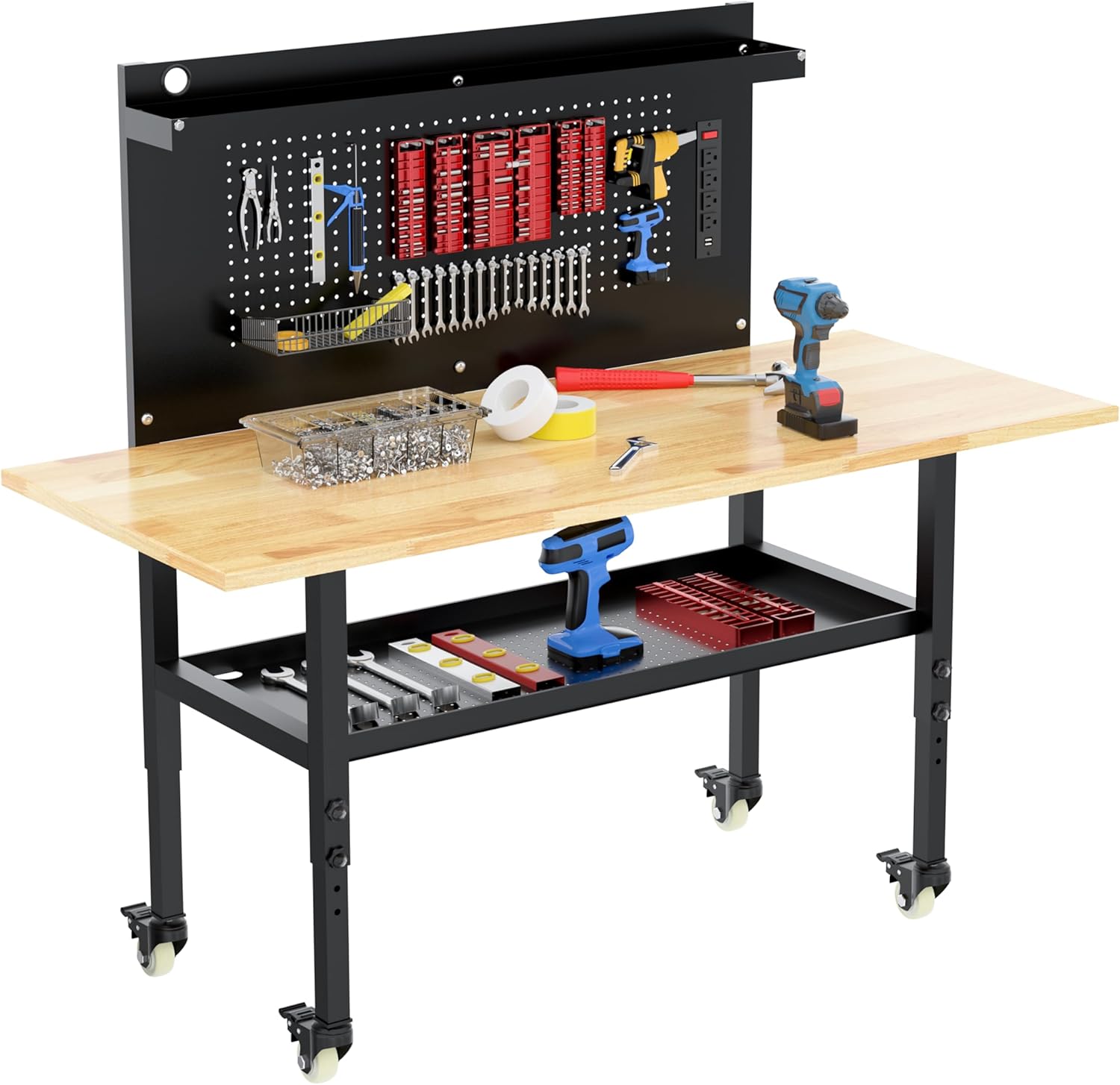 Betterhood 70" Adjustable Workbench on Wheels, 2000 LBS Heavy Duty Work Table with Power Outlets & Pegboard, Rubber Wood Workstation for Garage, Workshop, Office, Home, Commercial