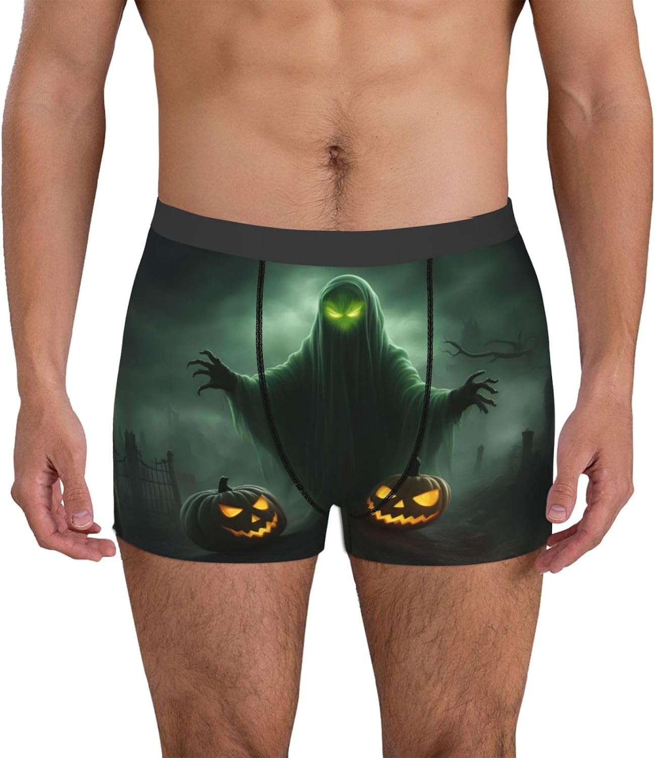 Green Ghost Horror Halloween Pumpkin Print Boxers For Men–full Print Mens Underwear Boxer Briefs,Comfortable Boxers For Men
