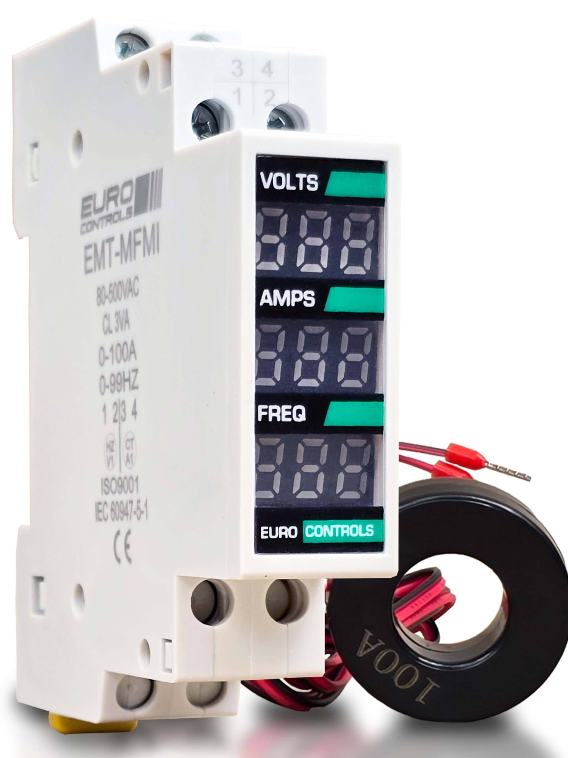 EuroControls Euro EMT-MFMi Volt Amp Frequency VAF Meter True RMS - 80-500 Volts - 100A - 0-99Hz - Din Mount - 1 module mcb switch size - digital multi Display - Single Phase - with External CT coil-image-3