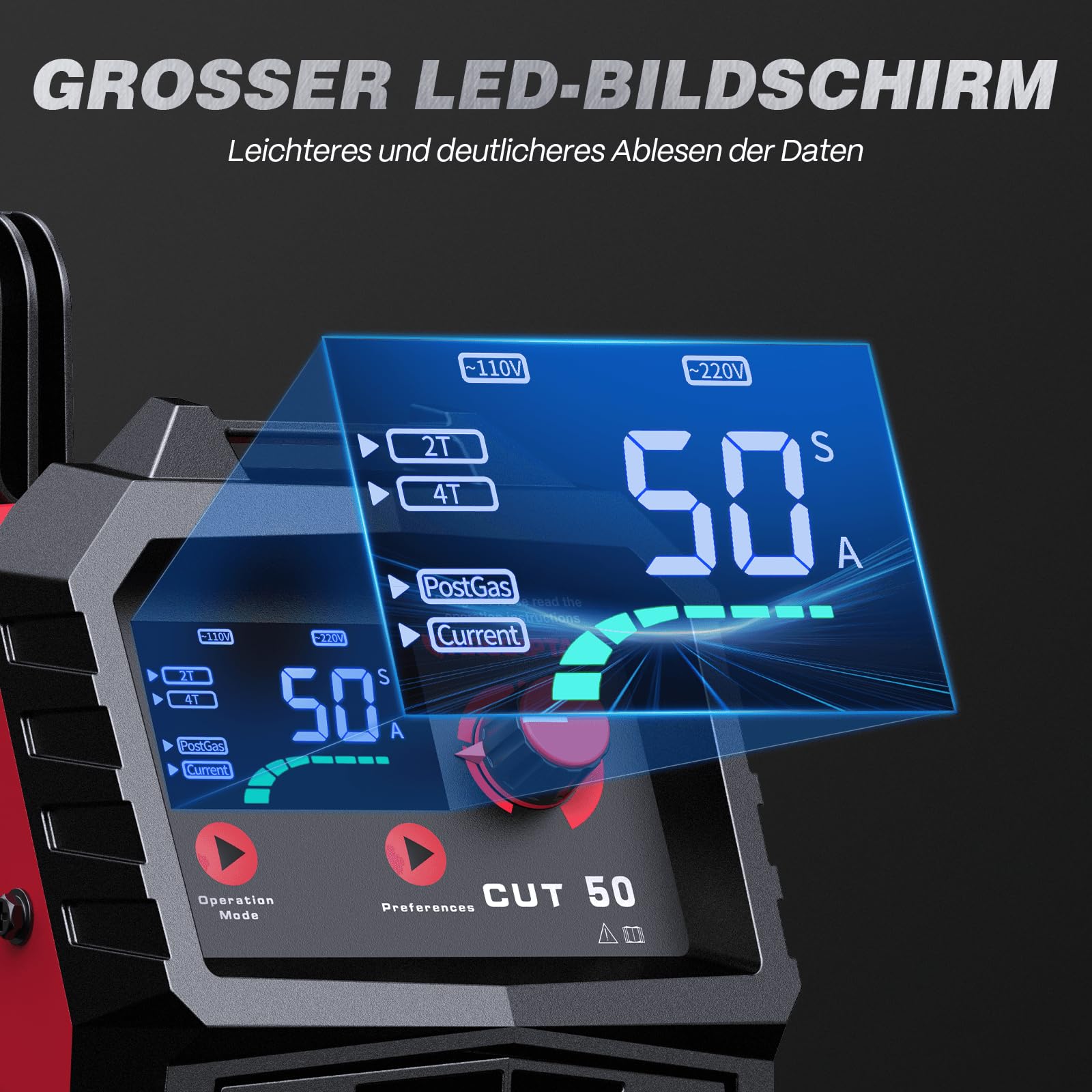 ARCCAPTAIN Plasmaschneider: [Große LED-Anzeige] 50 Ampere Plasmaschneider mit IGBT Max. Schneiden 20 mm mit Postflow und 2T/4T