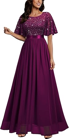 Miusol Womens Elegant Sequin Lace Butterfly Sleeve Formal Evening Maxi Dress