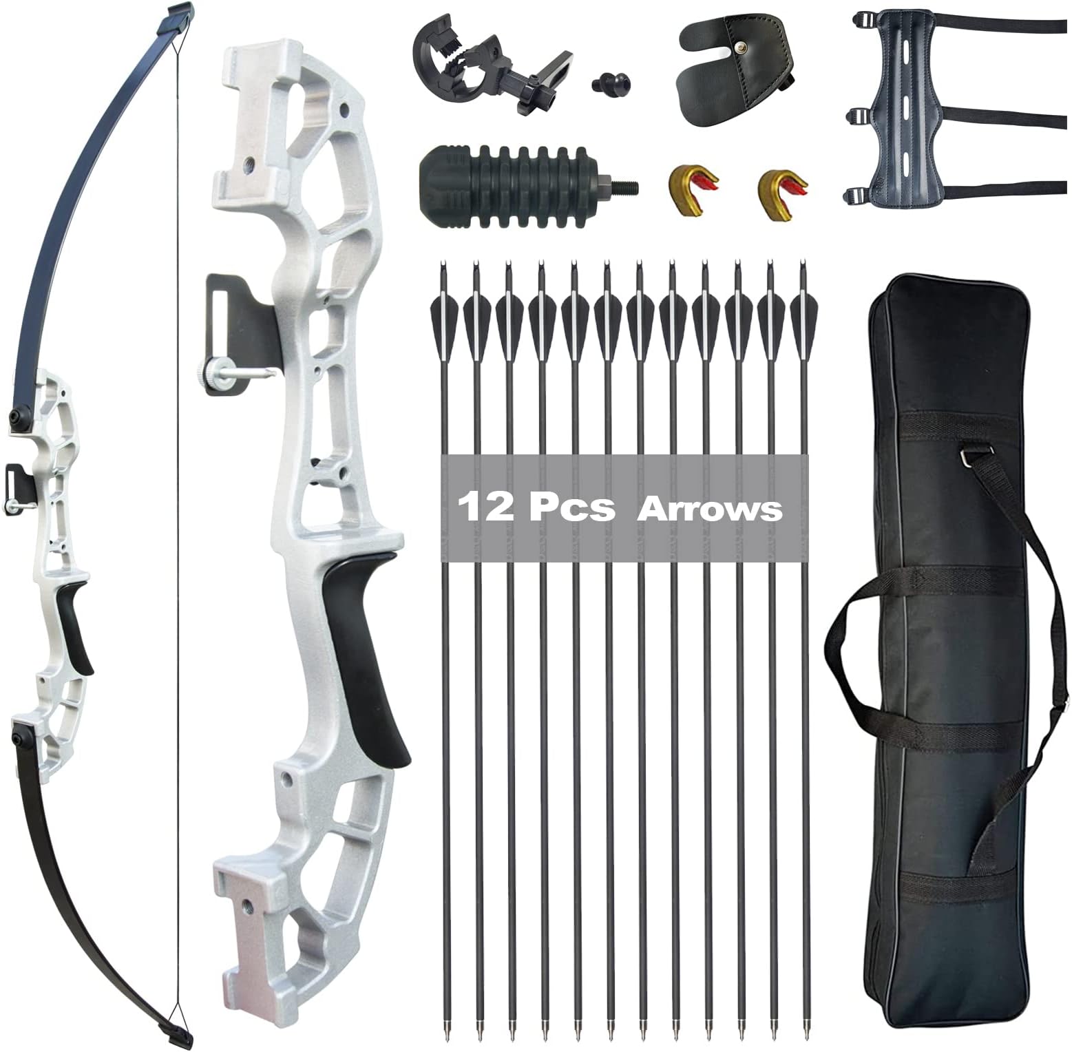 TongtuRecurve Bow and Arrows for Adult Beginners 30 40LBS 50" Takedown Bow Archery Set Right Handed Target Practice Outdoor(Silver, 30LBS)