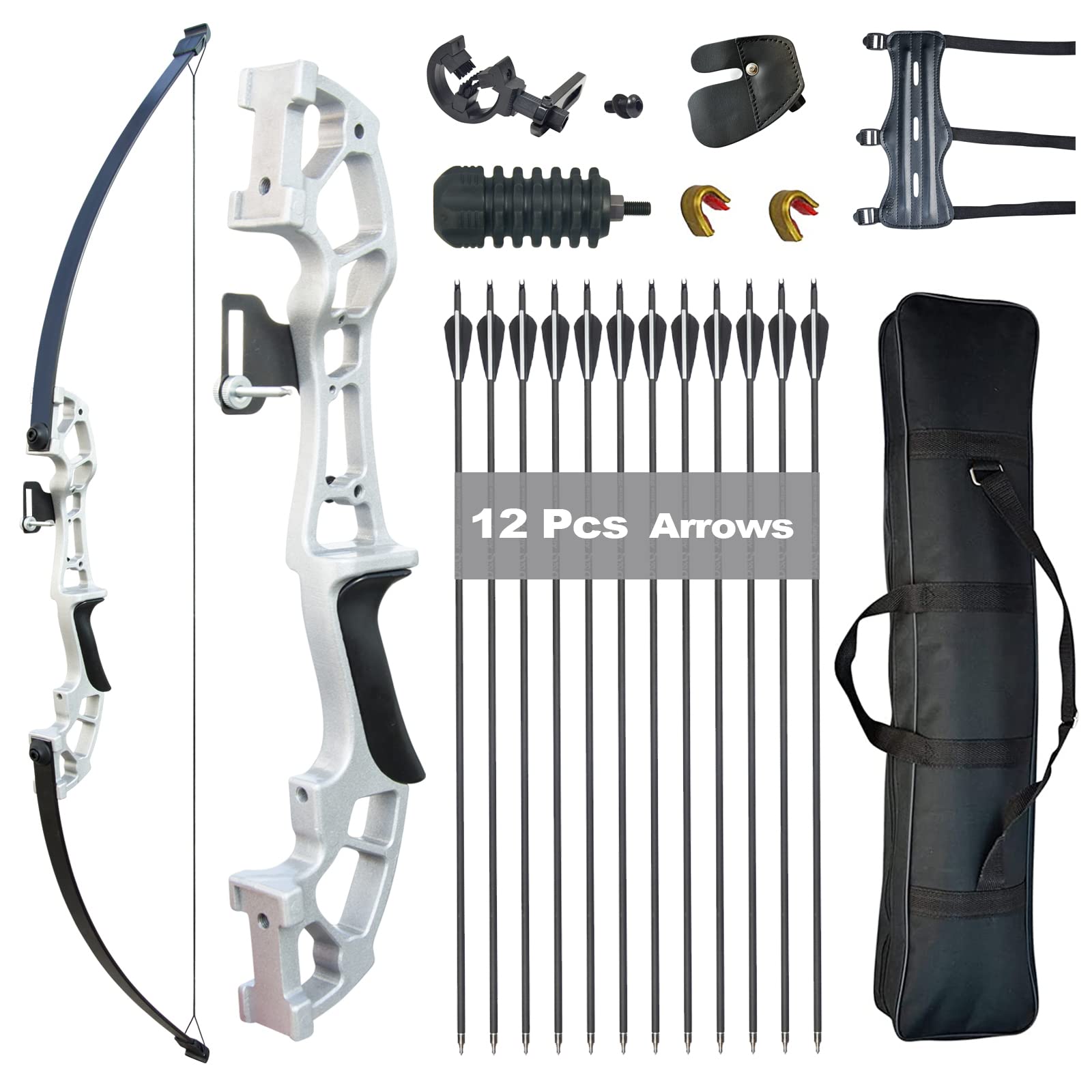 TongtuRecurve Bow and Arrows for Adult Beginners 30 40LBS 50" Takedown Bow Archery Set Right Handed Target Practice Outdoor(Silver, 30LBS)