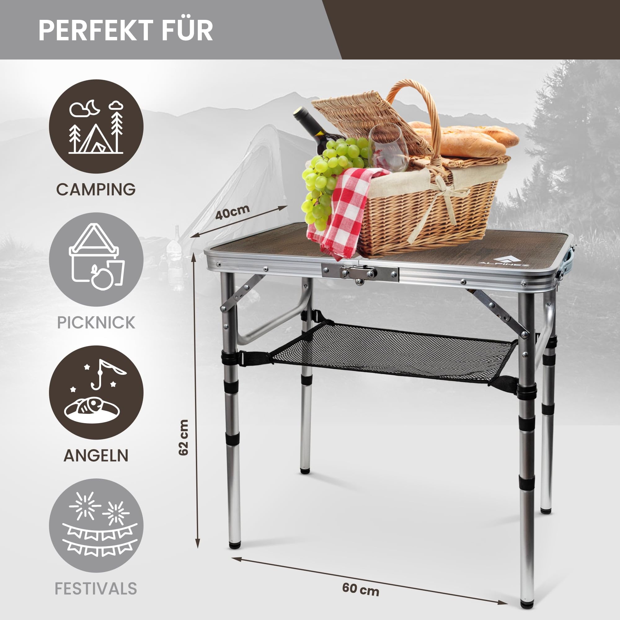 60x40 Campingtisch klappbar höhenverstellbar | Beistelltisch Outdoor Klapptisch Camping Tisch klein | Balkon Grilltisch Picknicktisch | Kompakt & Leicht
