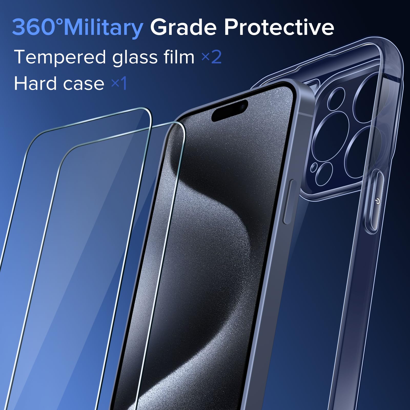 iVoler Cover Chiaro per iPhone 15 Pro con 2 Pezzi Pellicola Vetro Temperato, [Antiurto di Grado Militare][Protezione Fotocamera] Custodia Trasparente Sottile Anti-Ingiallimento Case - Blu
