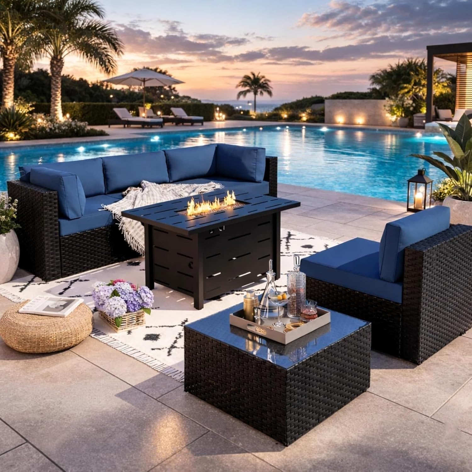 6-Piece Outdoor Patio Furniture with 43'' Propane Gas Fire Pit Table Wicker Outdoor Conversation Set Sectional Sofa for Backyard Poolside Garden(Silver)