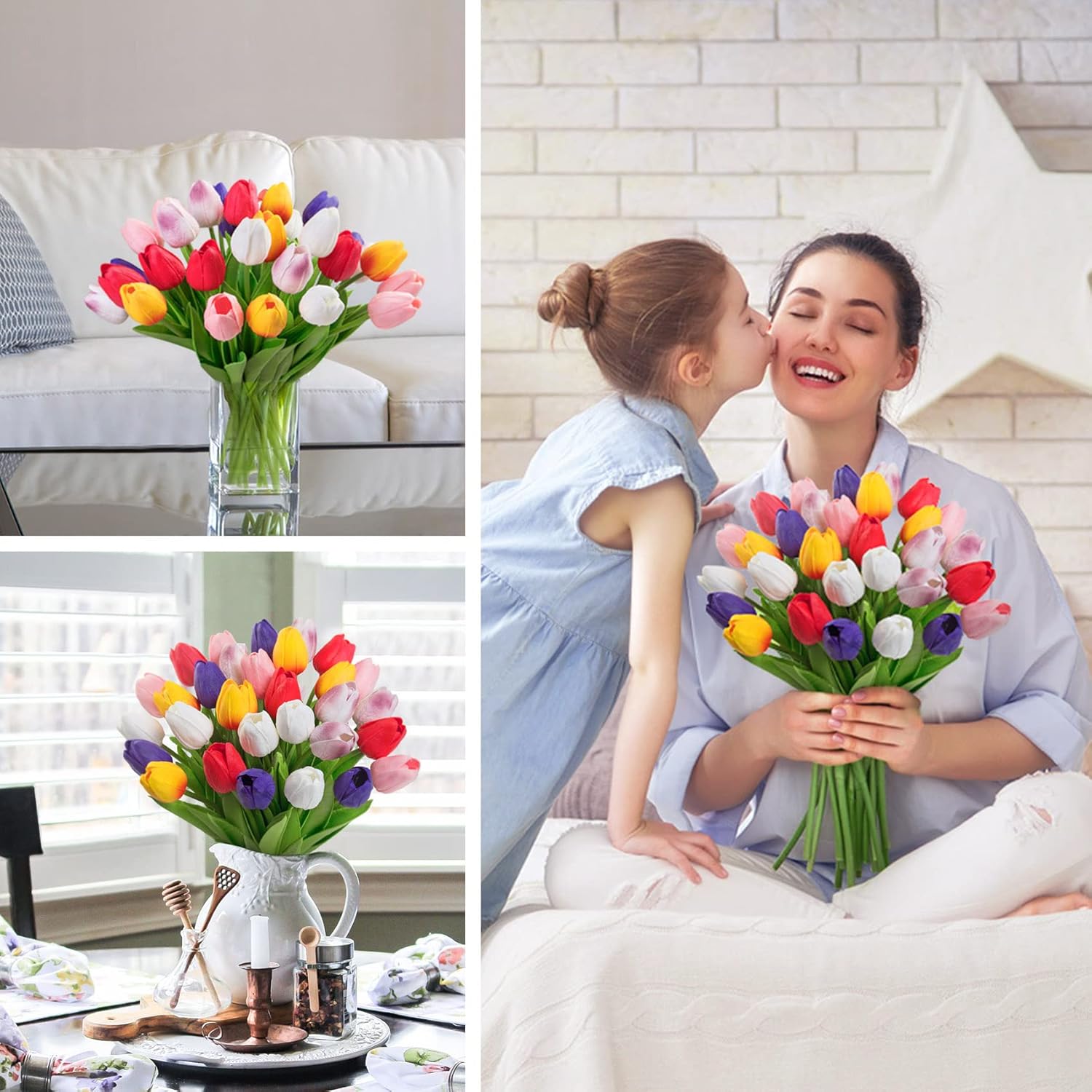 Ouddy Decor 30 Pcs Multicolor Artificial Tulip Flowers PU Real Touch Fake Plants Faux Bouquet for Room Office Table Party Spring Summer Wedding Home Decorations