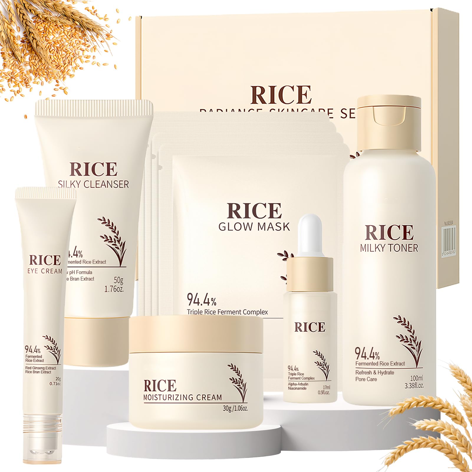 9 sztuk Rice Skincare Kit, Koreański zestaw do pielęgnacji skóry, Rice Pielęgnacja twarzy dla kobiet z środkiem do mycia twarzy, koreańskie maski, toner ryżu, kremy do twarzy dla kobiet, kontur oczu