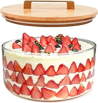 Acelane 9 Inch Glass Trifle Bowl with Sealed Lid, Large Salad Bowl, Modern Versatile Mixing and Serving Bowl for Salad, Dessert, Laying Ice Cream, Cake and Party, Home, Microwave & Dishwasher Safe