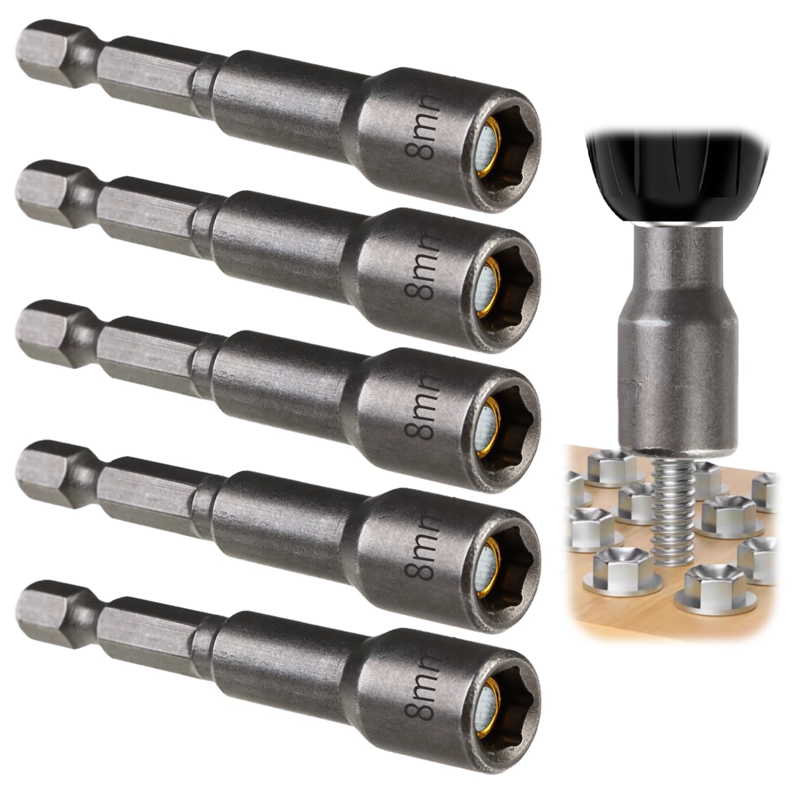 5Pcs 1/4" Hex Shank 8mm x 65mm Magnetic Nut Setter Driver Drill Bit Set