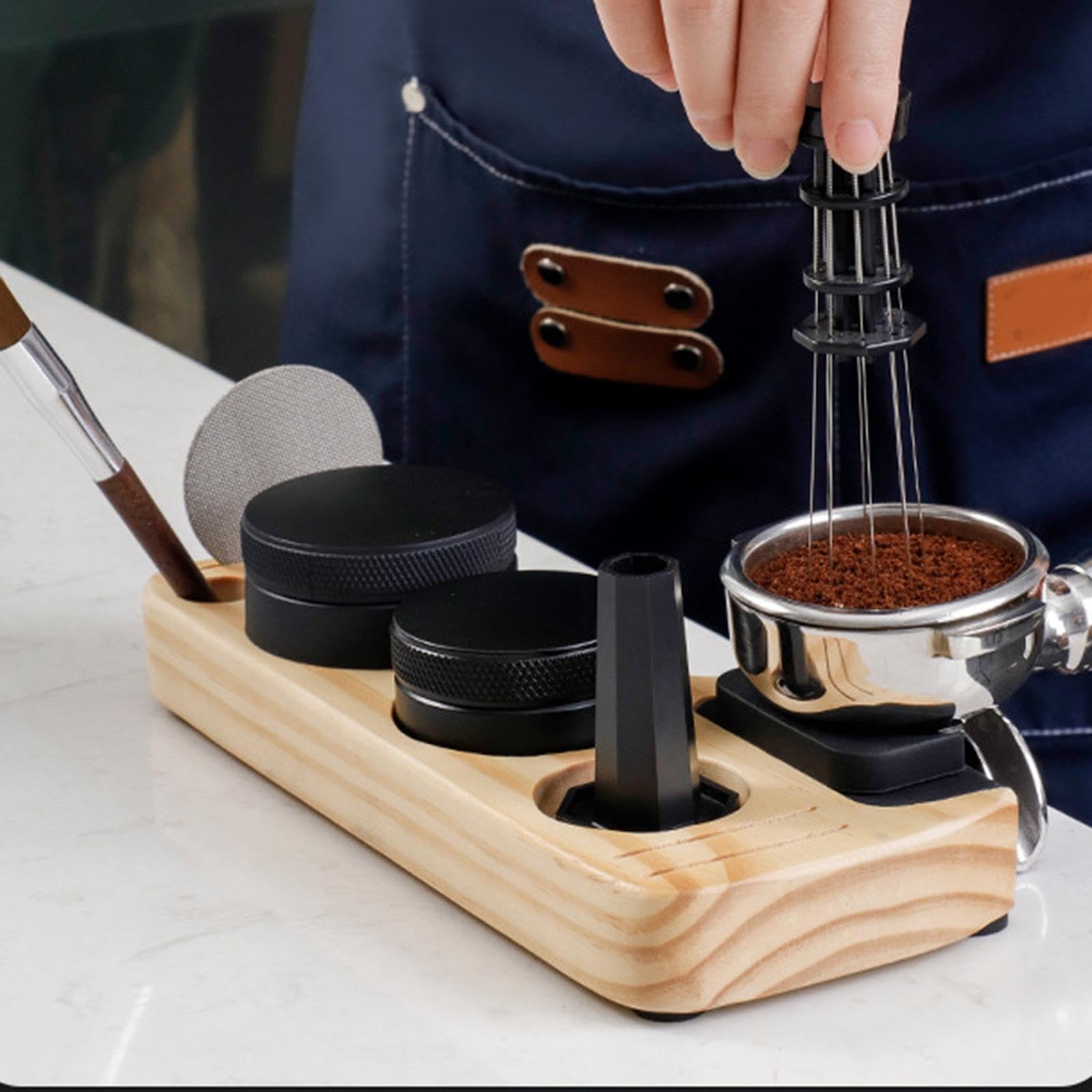 Soporte de Madera para Prensador de Café, Base de Soporte para Removedor de Espresso, Alfombrillas Distribuidoras de Espresso de 51/53/58 Mm/54 Mm, Pinewood, Individual