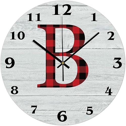 Miniatura 1 de Reloj de pared con letra inicial de Papá Noel a cuadros rojos de 10 pulgadas, silencioso, sin tictac, letra de Navidad, reloj de PVC, decorativo