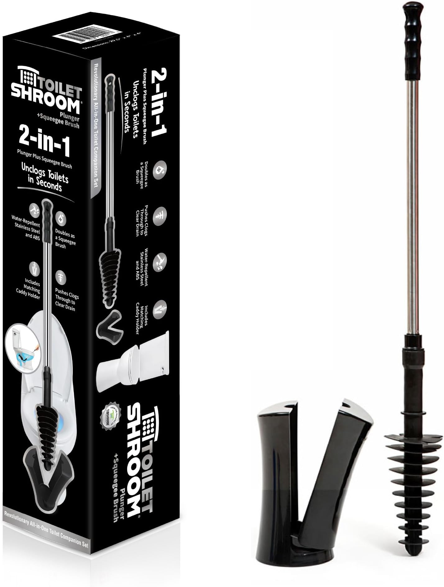 Revolutionary Plunger, Squeegee, Clog Remover, Drain Cleaner, Bathroom Toilet Dredge Tool, Stainless Steel Handle with Caddy Holder, Оne Расk, Black