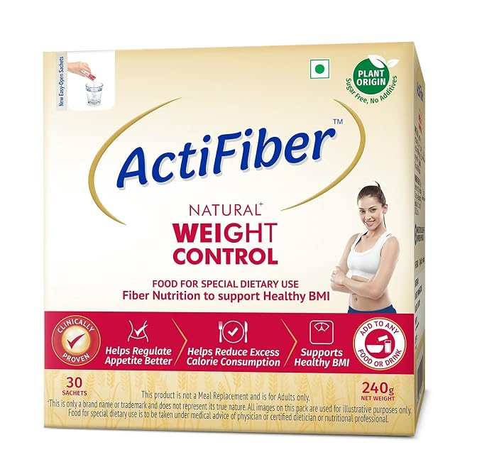 ActiFiber Natural Weight Control | Get Fit | Regulate Appetite Better | Reduce Excess Calories | Clinically Proven | Easy to Use | Plant Origin | Certified Safe | Women & Men (240Gms Pack, 30Sachets)