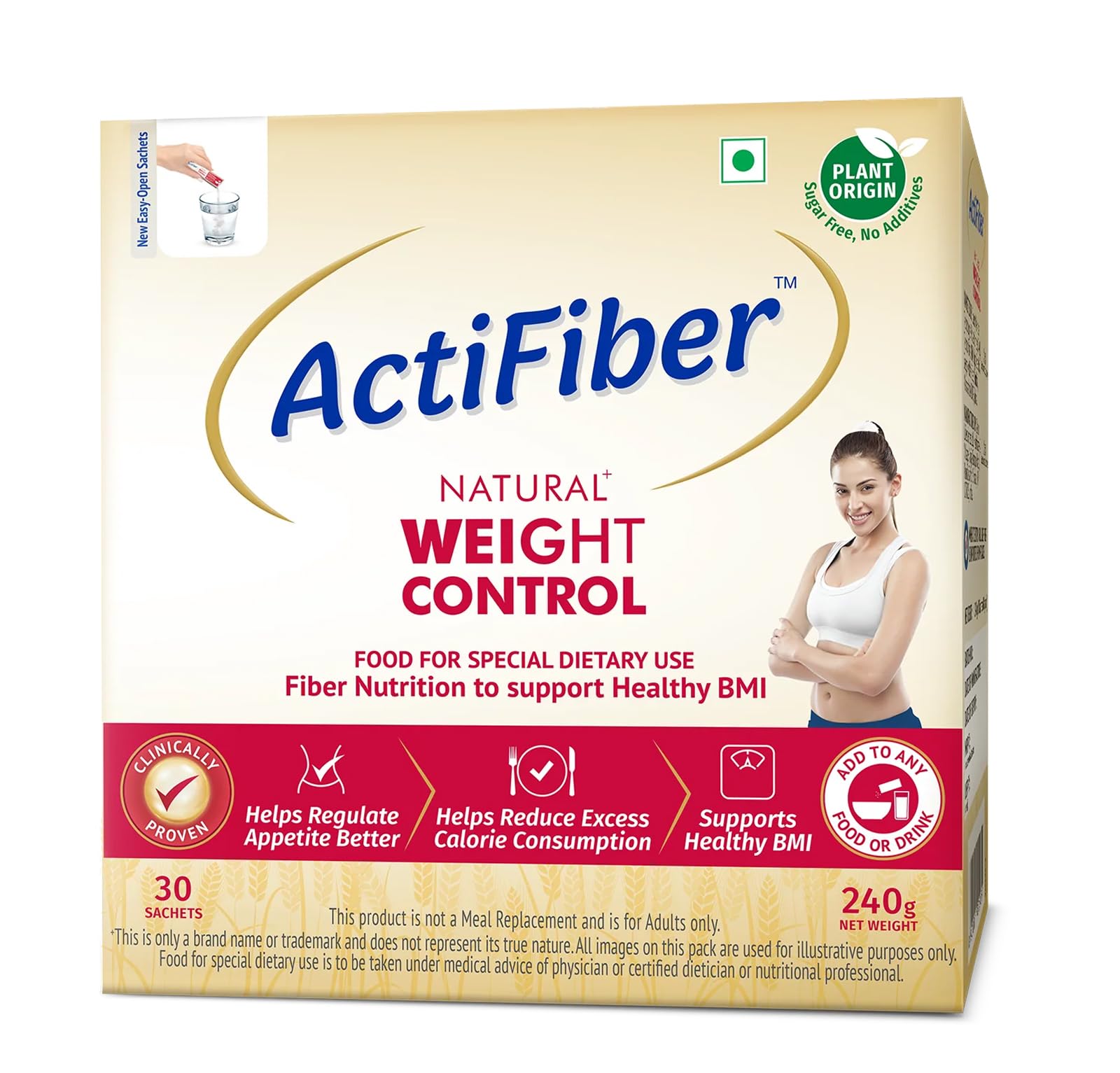 ActiFiber Natural Weight Control | Get Fit | Regulate Appetite Better | Reduce Excess Calories | Clinically Proven | Easy to Use | Plant Origin | Certified Safe | Women & Men (240Gms Pack, 30Sachets)