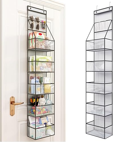 Fixwal Organizador colgante de despensa con 6 estantes para colgar sobre la puerta, con bolsillos de plástico transparente detrás de la puerta,