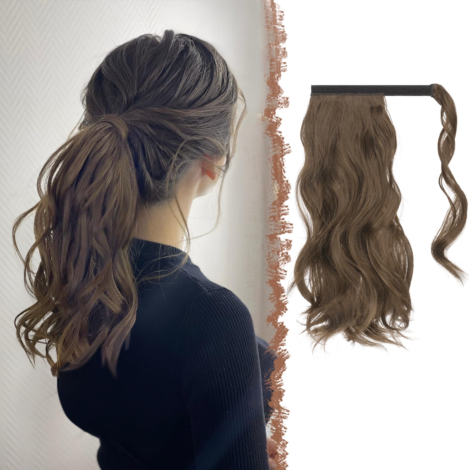 FESHFEN Wavy Ponytail Extension, Natural Curly Wrap Around Ponytails Chestnut Brown Hair Piece Synthetic Long Clip Pony Tail Hairpieces for Women, 14 inch