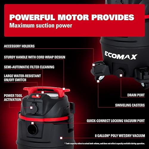 Miniatura 7 de ECOMAX Shop Vac, Extractor de polvo, filtro HEPA, PTA, tanque de PP de 8 galones, manguera antiestática