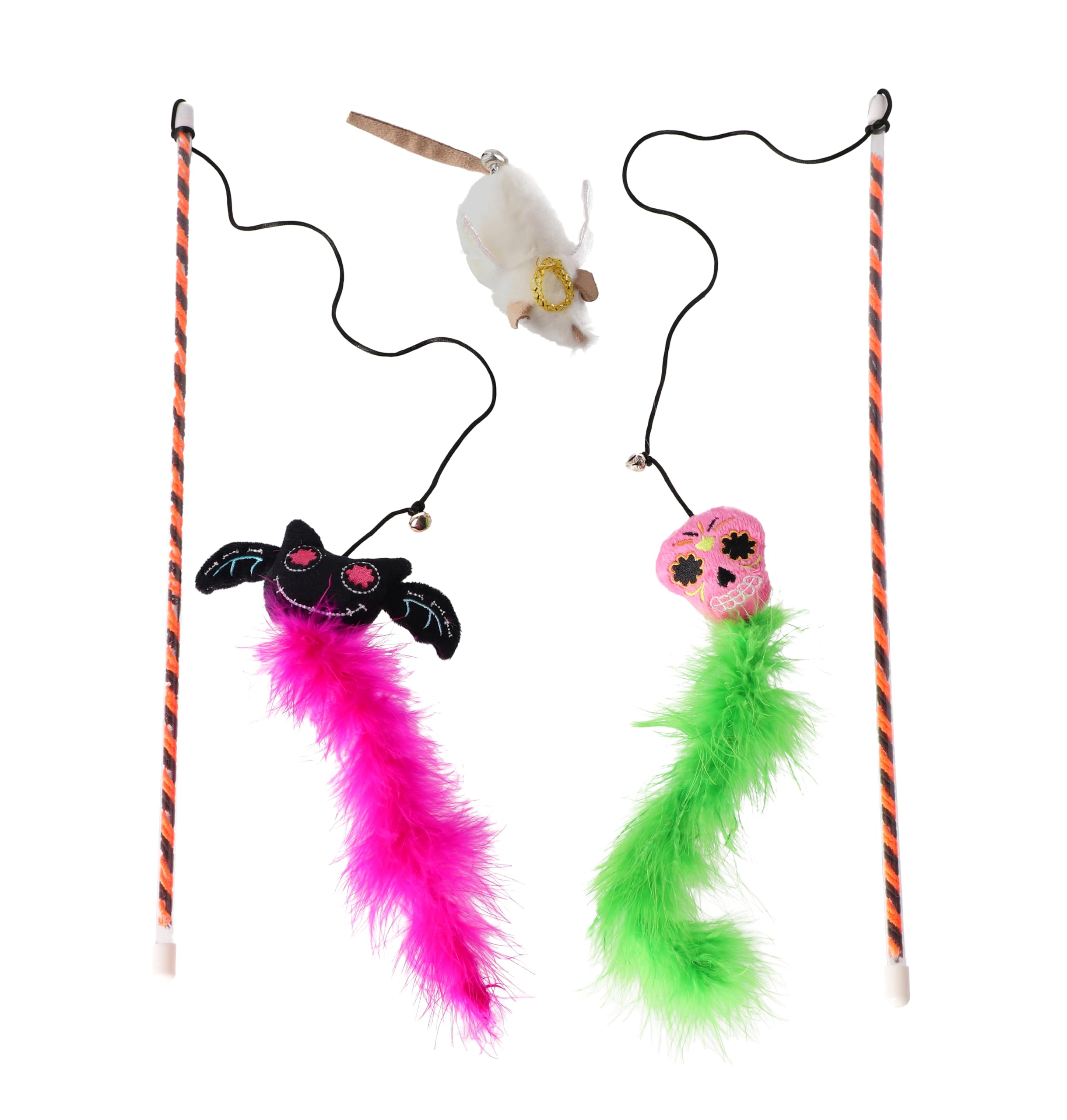 DINGO Cat Toys Set: 2 Wands with Feathered-Tailed Creepy Monsters and 1 Cat Toy Angelo Mouse with a Catnip, 3 Toys with Bells, Soft and Attractive Textures for Cat (Z30036)