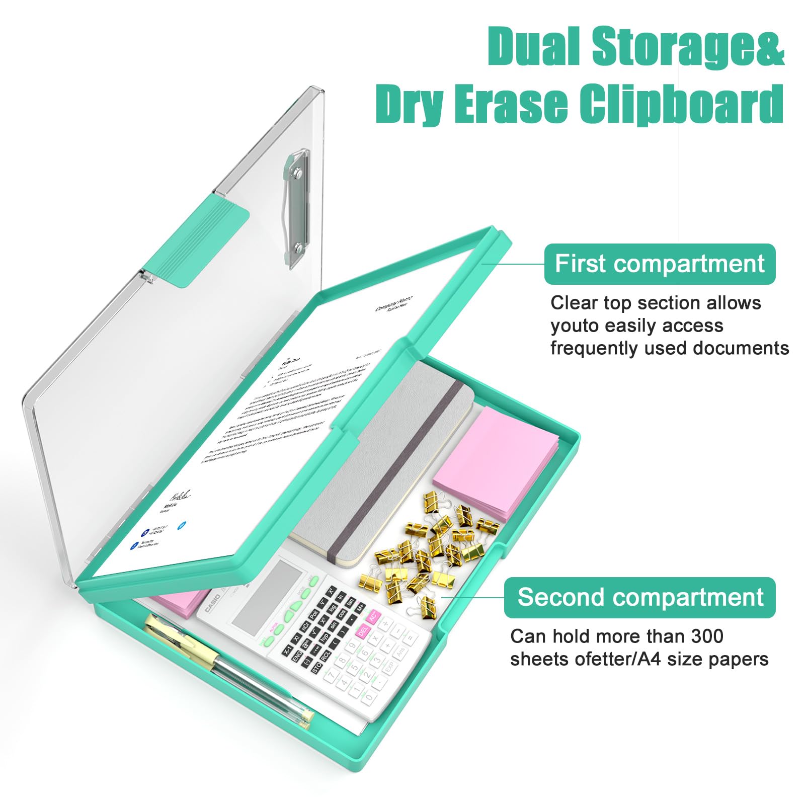 Hongri Portapapeles con almacenamiento, carpeta verde de 8.5 x 11 pulgadas, apertura lateral de lactancia, resistente con doble compartimento, escritura suave para profesores, aula, tamaño 13.3 x 9.4