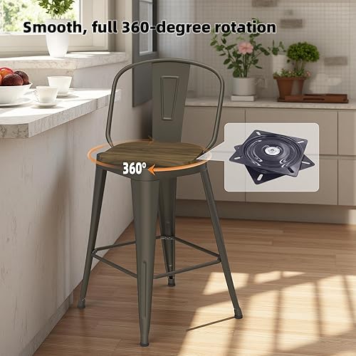 Miniatura 4 de Metal Bar Stools Set of 4,26 inch Counter Height Swivel Bar Stools with Removable High-Back, Wooden Large Seat for Kitchen Island,Bar,Cafe(Rusty)