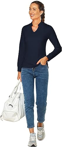 Miniatura 8 de ISEEGZ Womens Golf Shirt Collarless V-Neck Polo Shirts Short Long Sleeve Lightweight Moisture Wicking Quick Dry Golf Polo