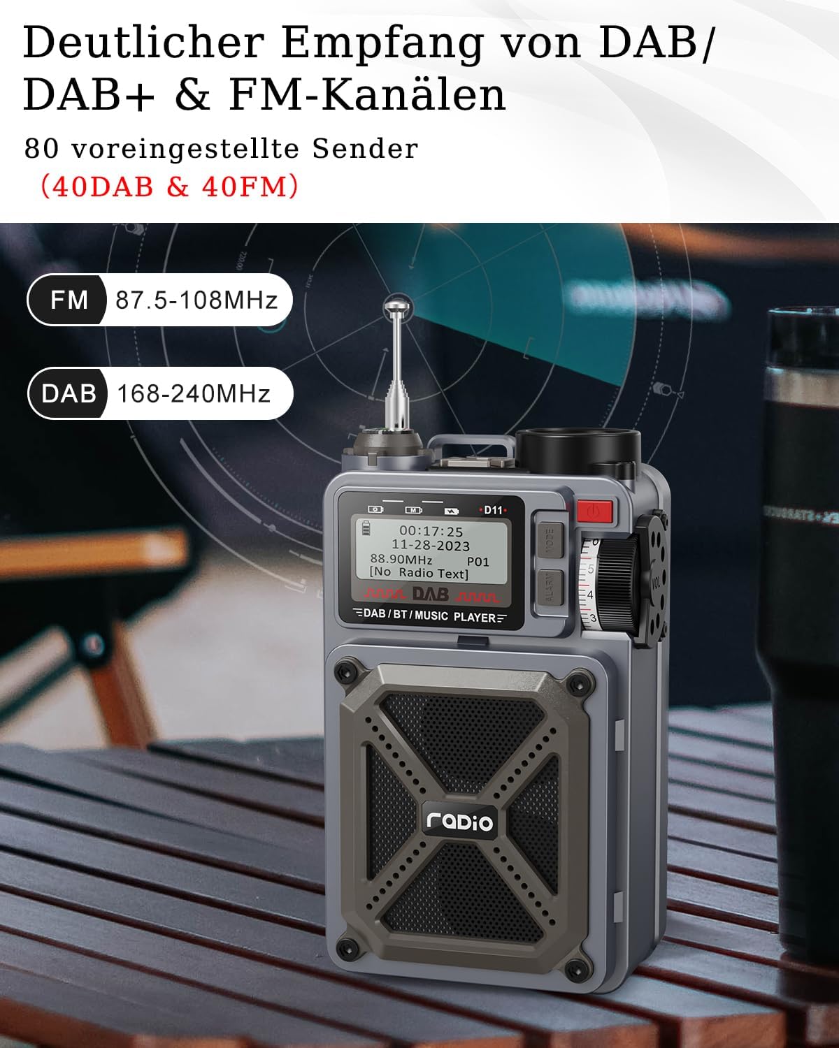 Rychi D11 Portable DAB+ Radio displaying DAB and FM frequency ranges