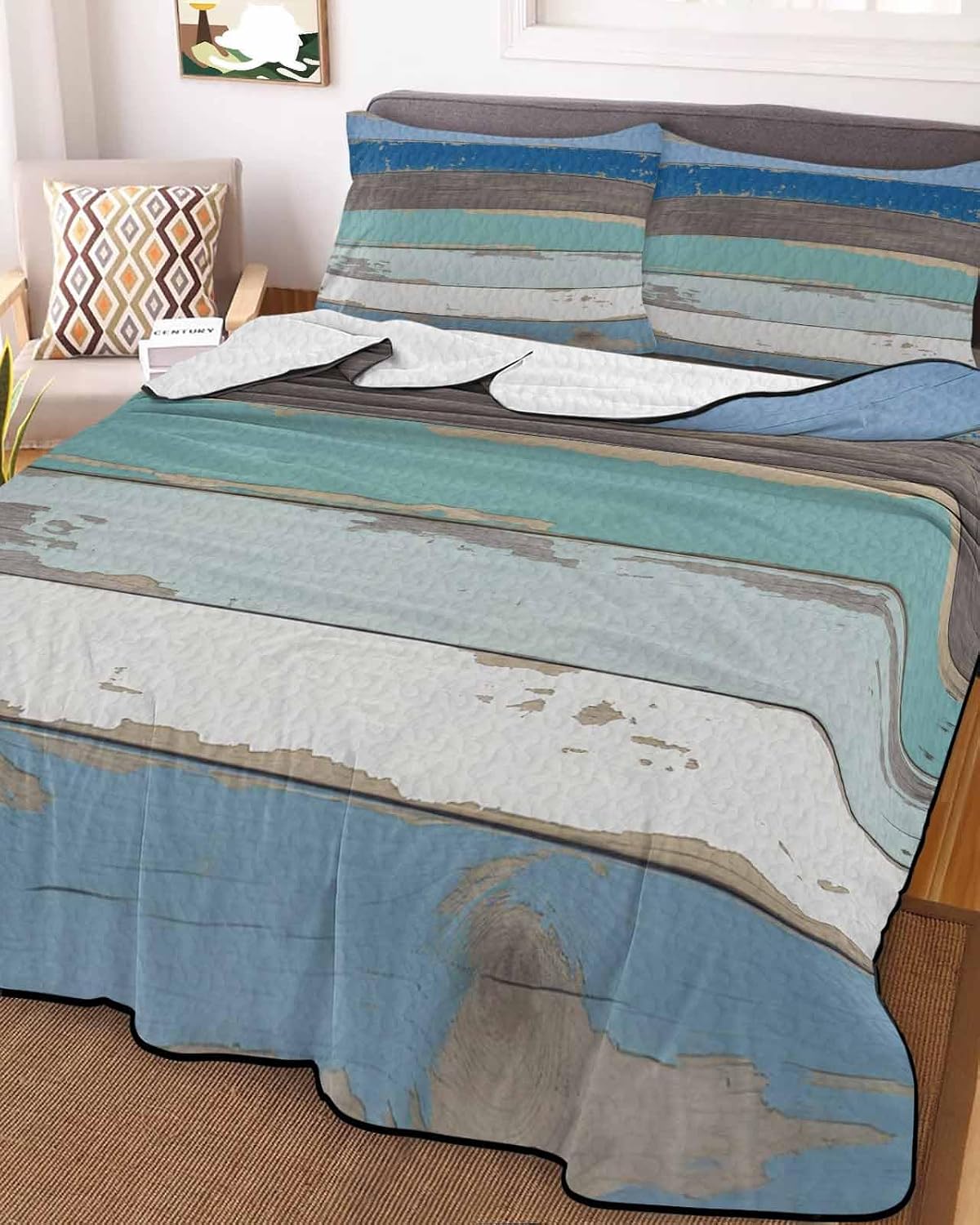 Queen Size Quilt Set, Farm Blue Wood Board Lightweight Bedspread Coverlet Set Soft Microfiber Summer Quilt with 2 Pillow Shams, Farmhouse Old Wooden 3 Piece Comforter Bedding Set