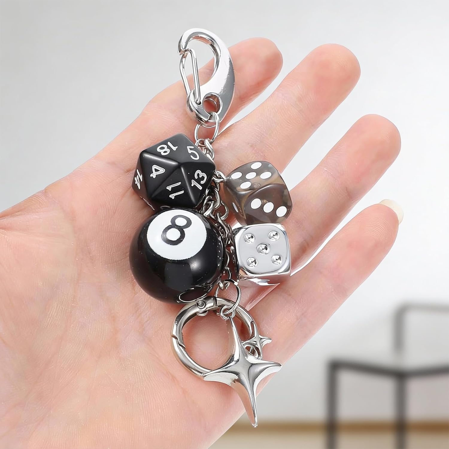 Sibba 8 Ball Dice Charm Keychain for Women Men Y2K Goth Punk Bag Charms, Cute Purse Accessories with Metal Star, Black Bag Keychain for Backpack Laptop Keys, 1 Pc
