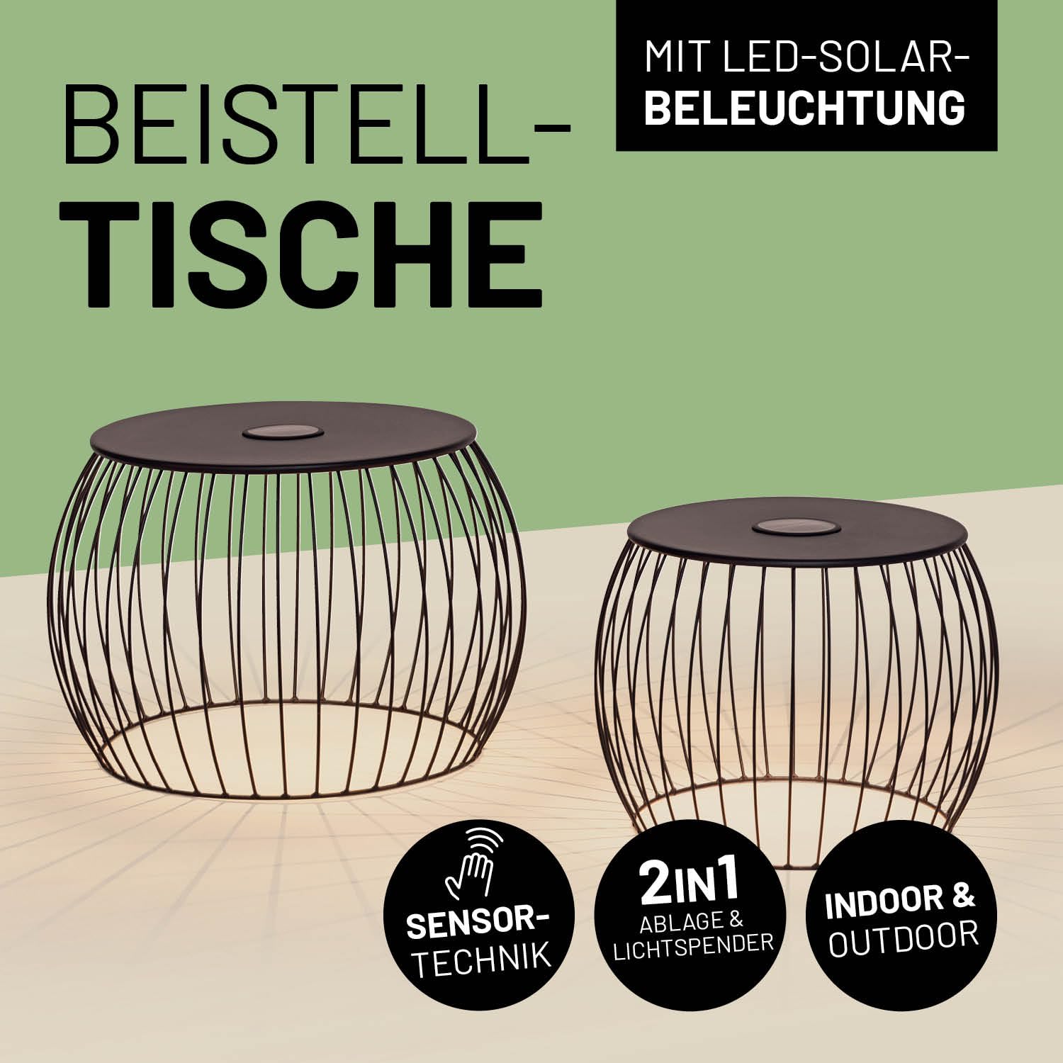 Lumaland 2er-Set Beistelltisch mit Solar Beleuchtung und USB-Option | Für Verschiedene Anwendung wie als Nachttisch & Wohnzimmertisch | Auch als Gartentisch & Balkontisch Dank Wetterfestigkeit