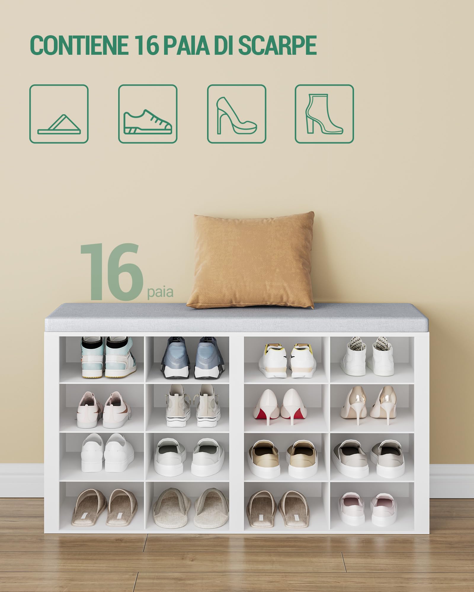 Hzuaneri Panca Scarpiera, Scarpiera con Sedile, 16 Scomparti, Organizzatore Portaoggetti, 30 x 104 x 59 cm, per Ingresso, Bianco SB25603GY
