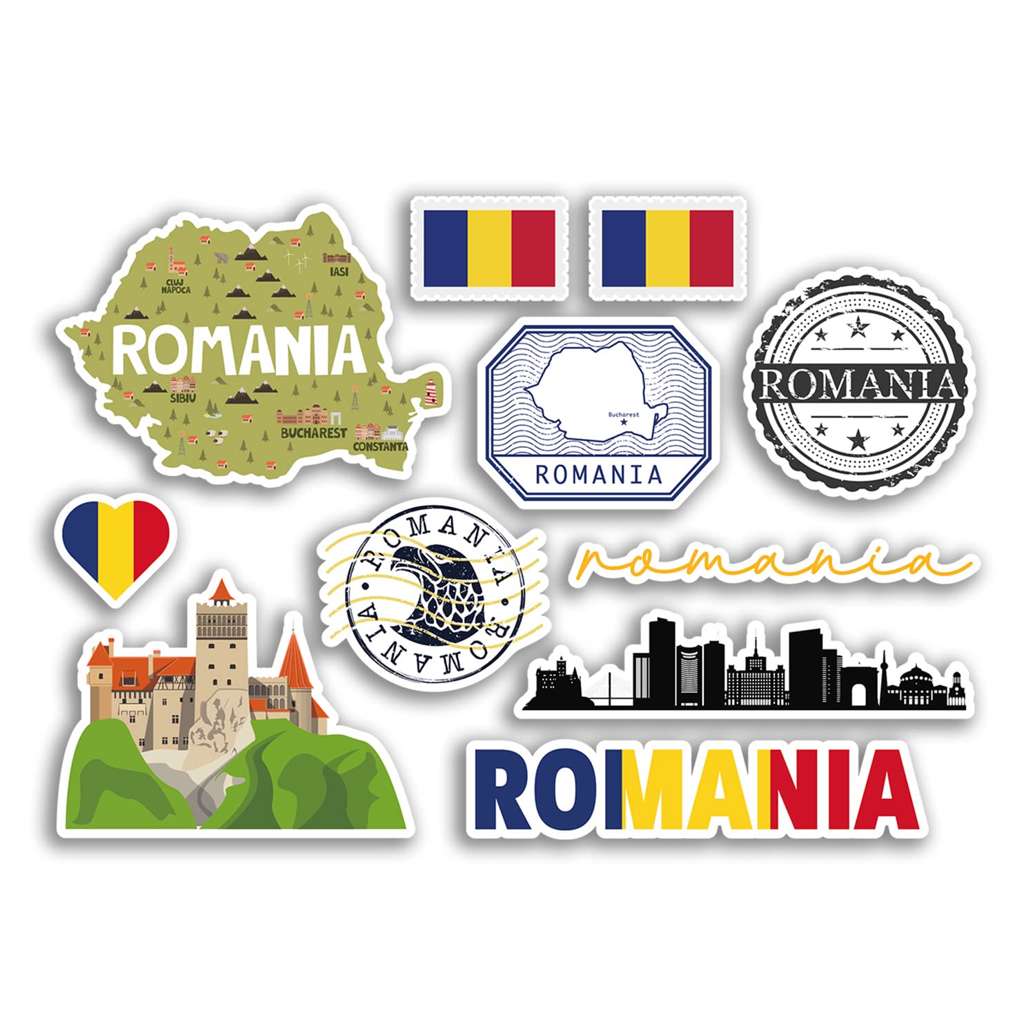 Dv Design Multi A5 Sticker Sheet Romania Vinyl Stickers - Romanian Landmarks Map Country Holiday Flag Travel #78484