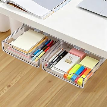 Under Desk Storage Drawers Large Self-Adhesive Easy Hidden Desktop Organizer, Attachable Clear Acrylic Storage Tray Under Table Drawer for Home Office School Counters Workstation, 2 Pack