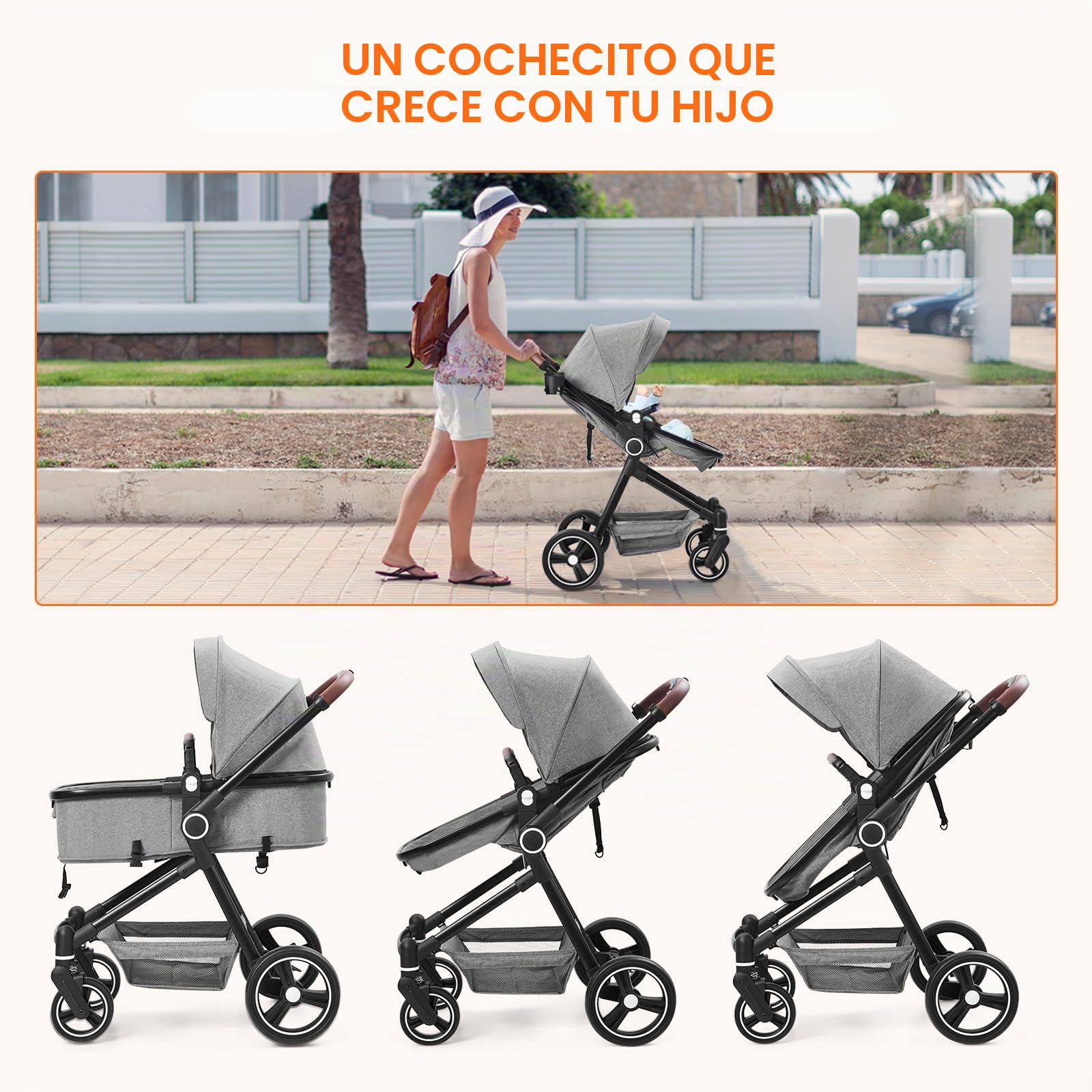 Cochecito 2 en 1, compacto y ligero, plegable, con asiento reclinable, capazo ajustable, para todo tipo de terrenos, 0-3 años (Gris)