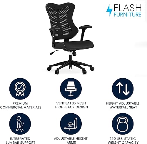 Miniatura 4 de Flash Furniture Silla de oficina ergonómica giratoria ejecutiva de malla negra de diseño de respaldo alto con brazos ajustables
