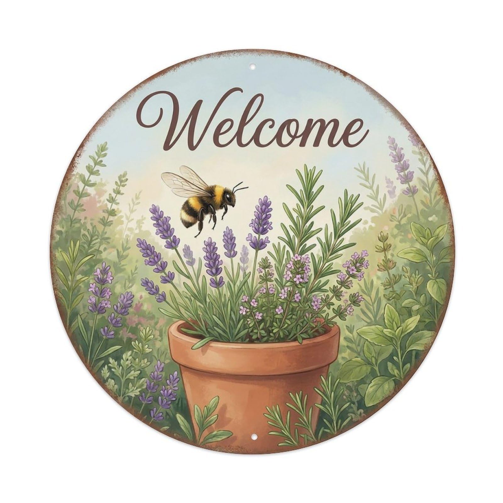 Welcome Bee Lavender Field Vintage Metal Tin Sign Plaque Wall Decor for Cafe, Club Bar, Office, Garden Metal Poster 8x8Inch
