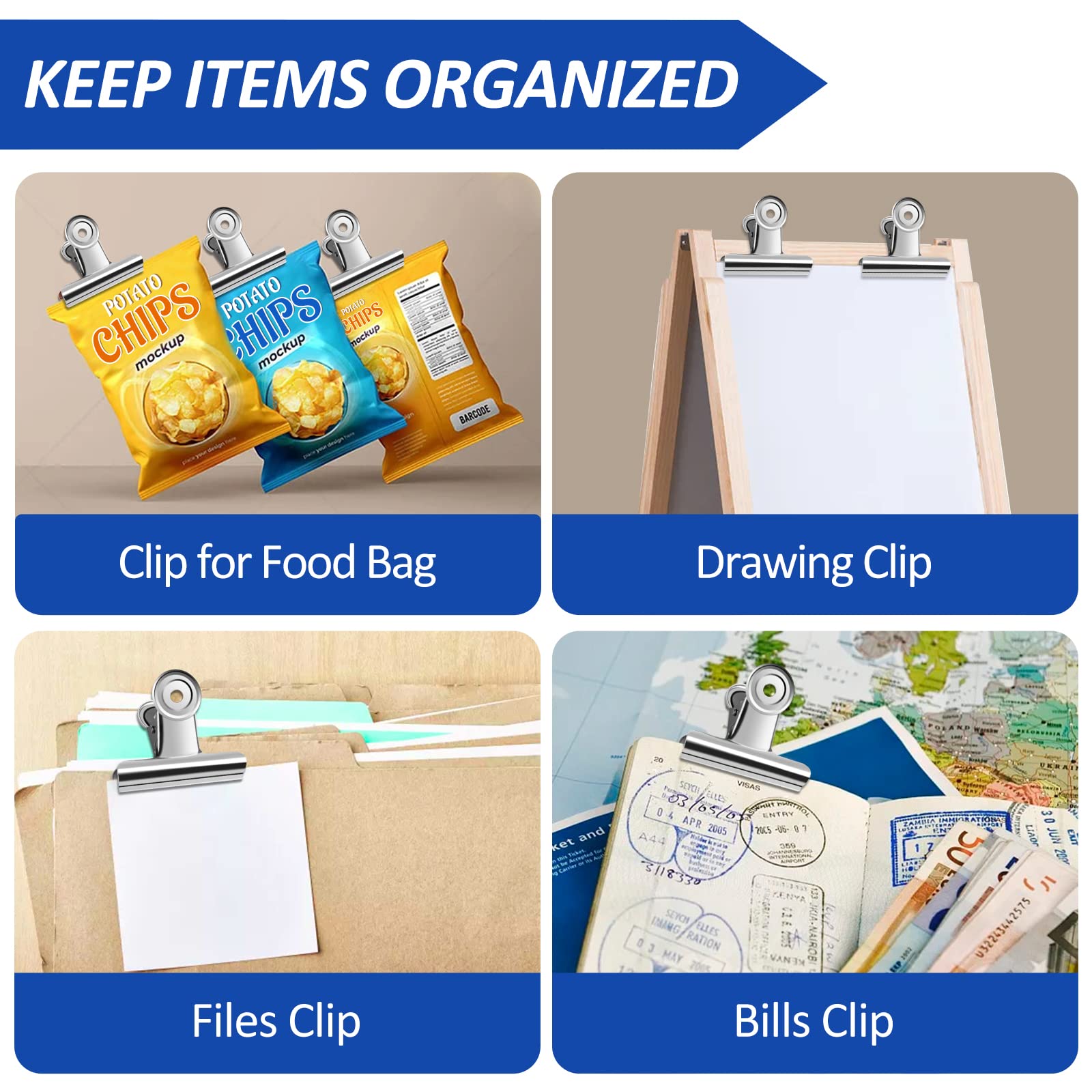 Lot de 20 grandes pinces à charnière en métal de 5,1 cm pour travaux manuels, photos, dessins, sacs alimentaires – Idéal pour la maison, le bureau, l'école, le magasin – Finition argentée durable