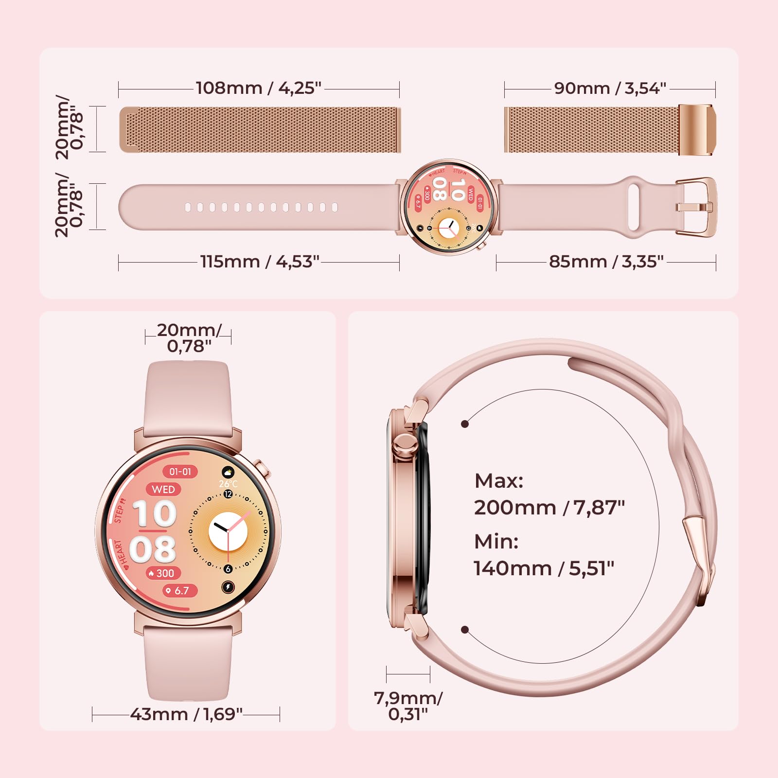 Damen-Smartwatch m. rundem kompaktem Design ultradünne Fitnessuhr für Frauen Damen-Fitnessuhr mit Schrittzähler & Anruf, IP68 wasserdicht, 1,32-Zoll-AMOLED, Android/iOS kompatibel, Gold