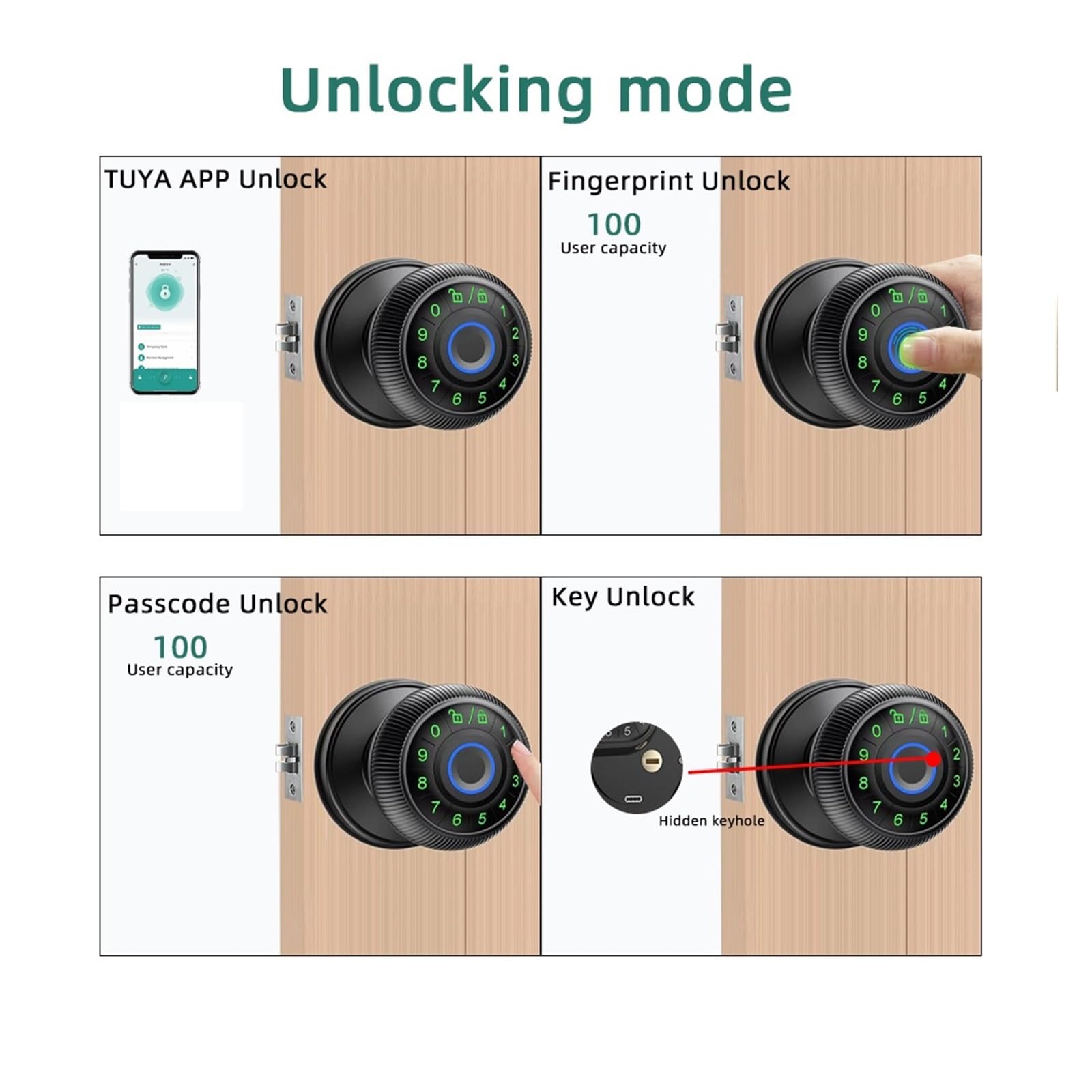 Q6 Smart Fingerprint Door Lock Round Knob Electronic with Password/Key APP Unlock(Q6 Black)