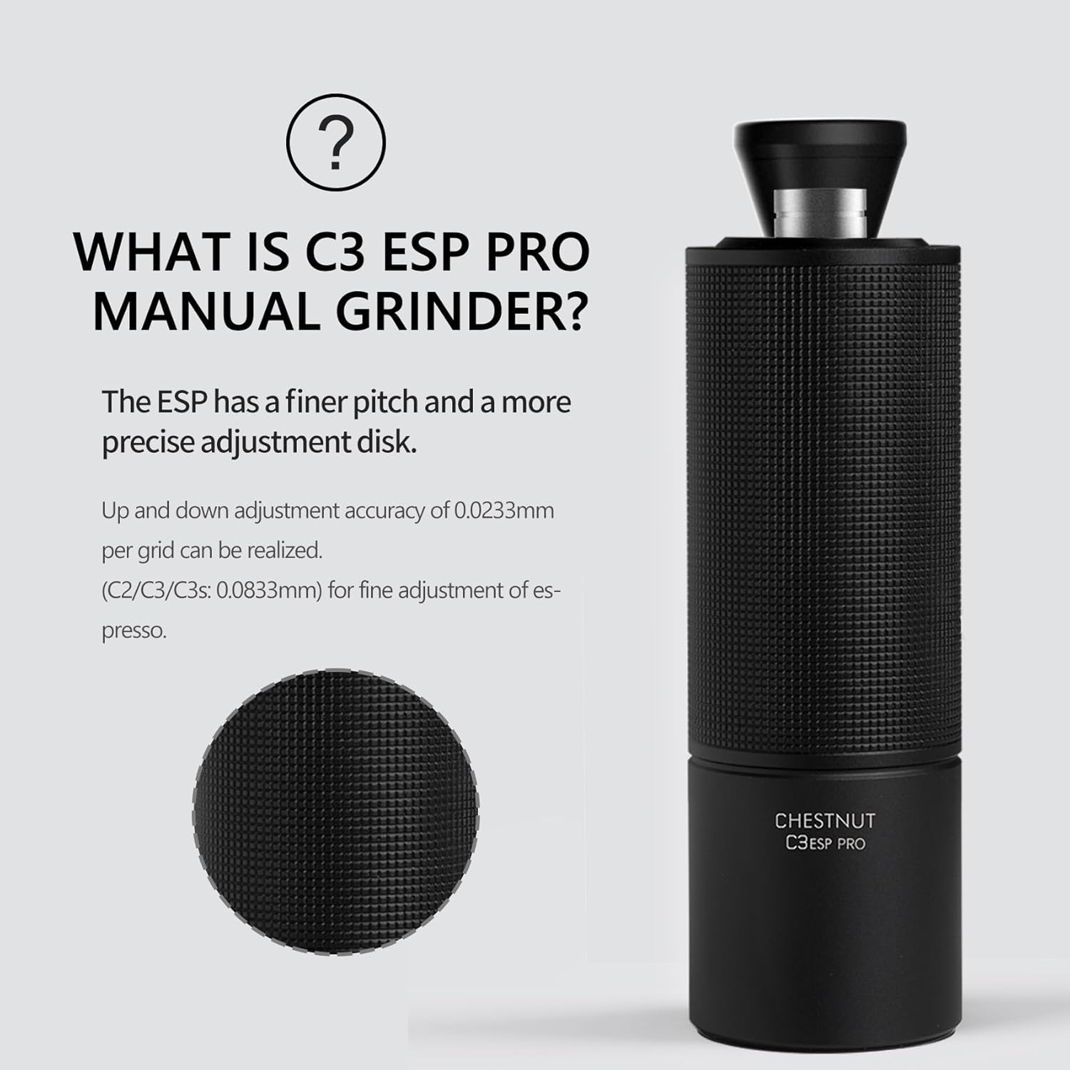 TIMEMORE C3 ESP Pro grinder being cleaned with the included brush, showing the 'no washing' symbol.