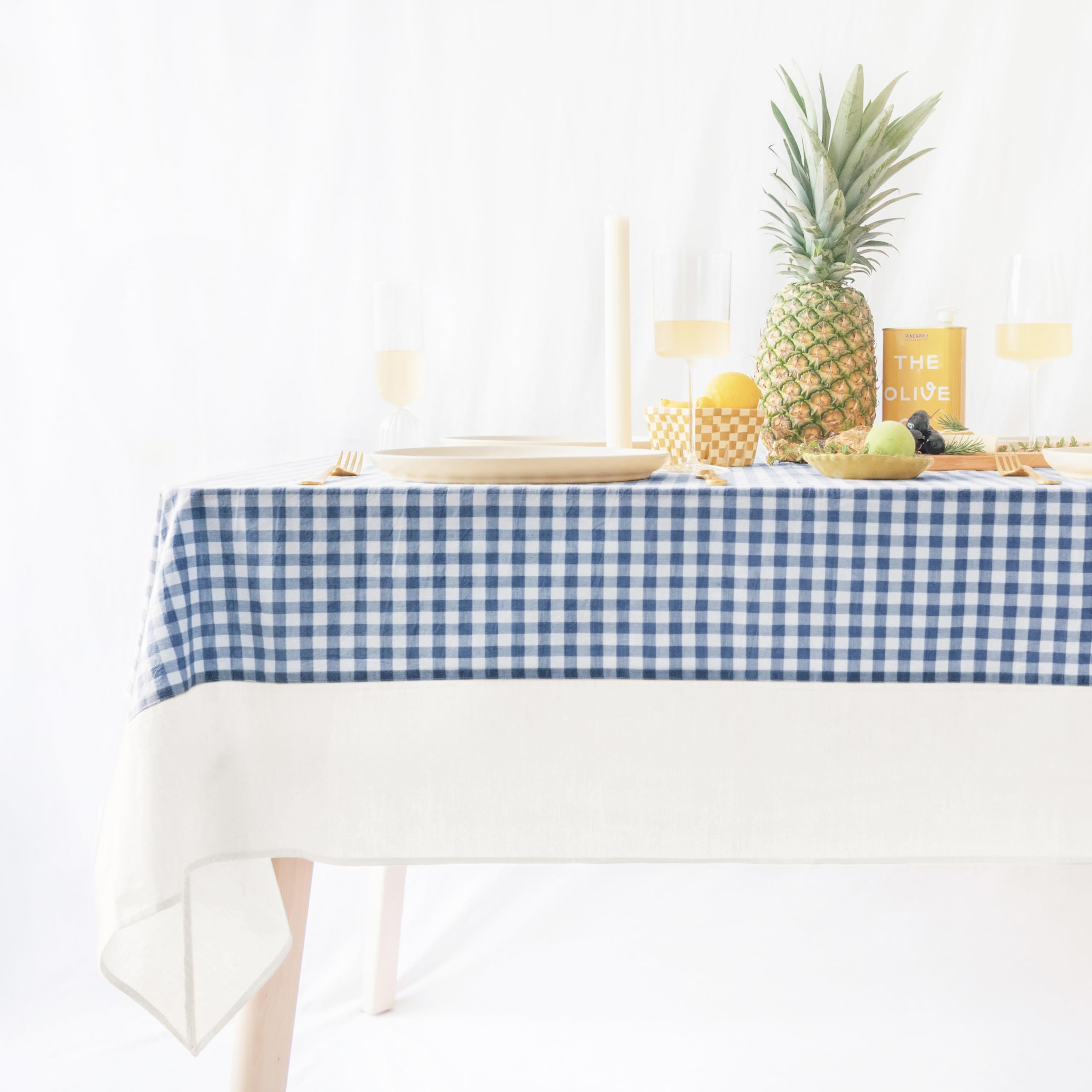 MONDAY MOOSE Gingham Checkered Farmhouse Rustic Picnic Style Decoration Rectangle Natural Stonewashed Cotton Tablecloth for Kitchen, Dining Room, Restaurant (55x70 inch, Blue/White) - 4