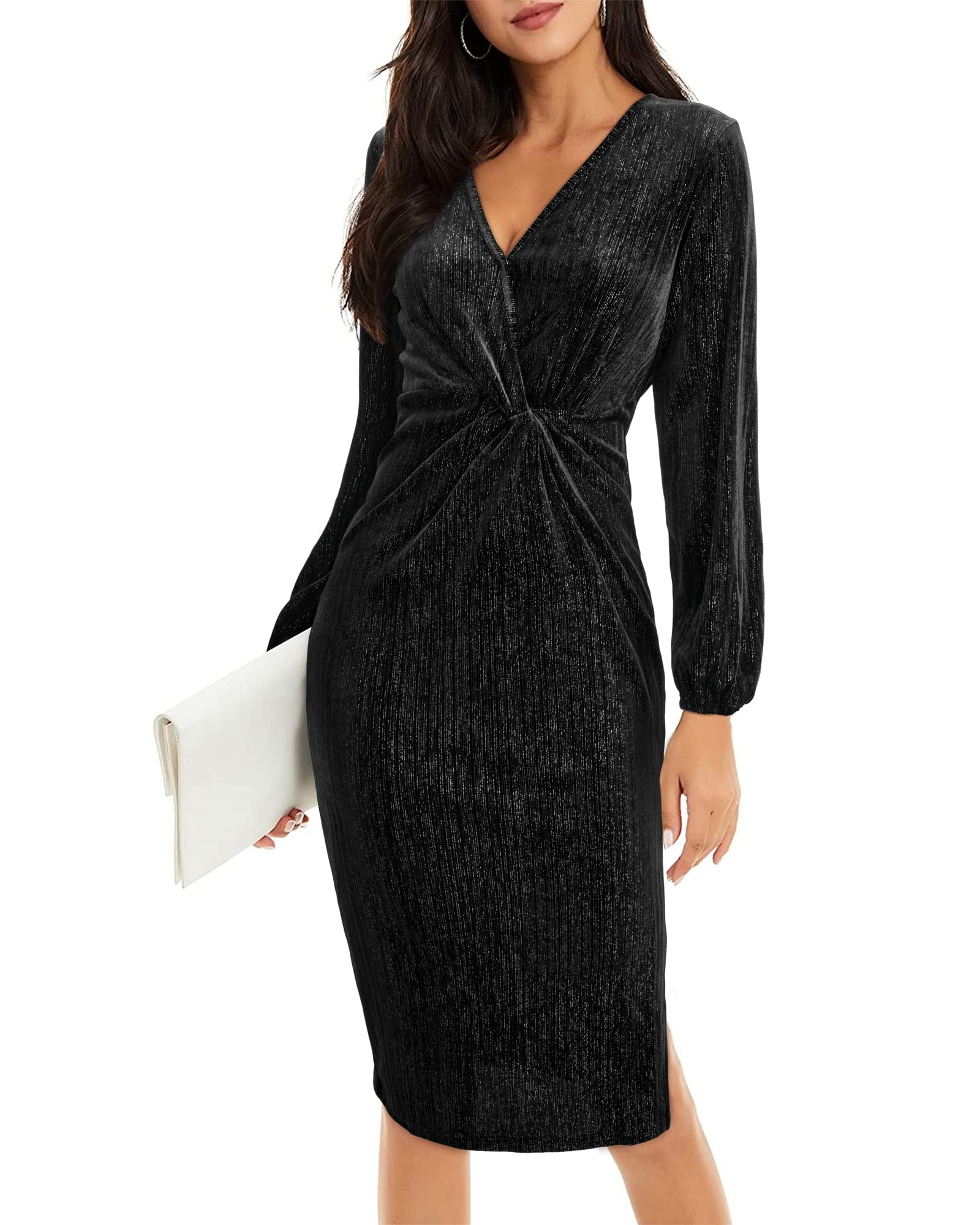 Velvet Dress Women Long Sleeve Wrap Bodycon Party Black Small