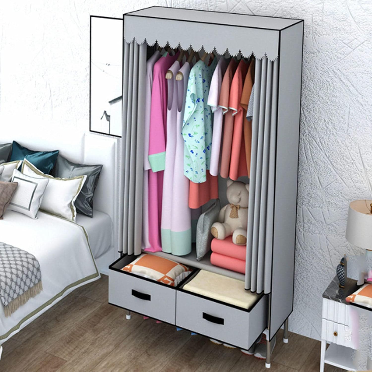 Wardrobe Portable Canvas Wardrobe Shelves, Fabric Wardrobe with Hanging Rail and 2 Drawers, Foldable Clothes Closet Storage Organizer,Grey-70x48x165cm