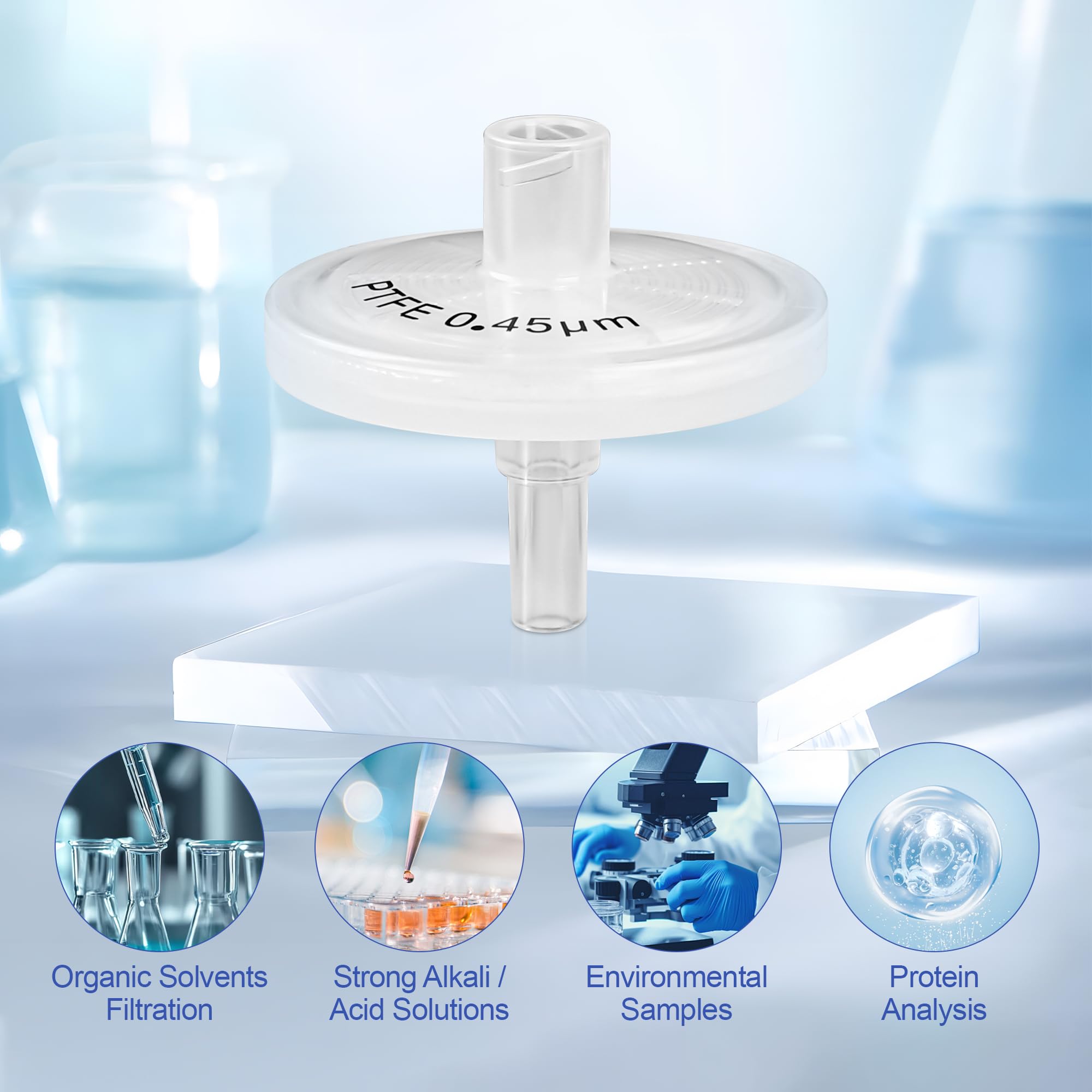 Filtros de jeringa PTFE 100 unidades de filtración hidrofóbica de 25 mm de diámetro, 0,45 μm de tamaño de poro