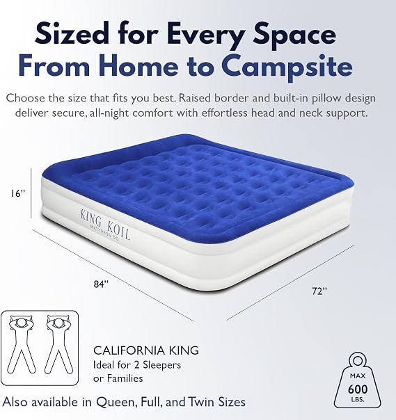 King Koil 16 California King Air Mattress with Built-in High-Speed Pump - CNN Underscored Top Pick, Sleeps Like a Real Bed, Fast Inflation, 650 lb Capacity for Guests, Camping, Home,