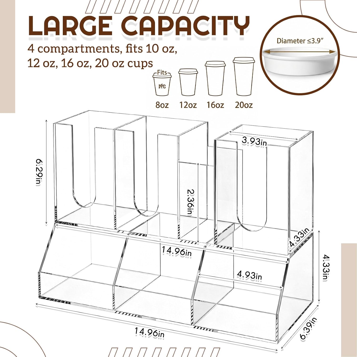 Geelin 18oz Adjustable Coffee Cup Dispenser, Acrylic Coffee Cup and Lid Storage Organizer for Storing Paper Cups, Straws, Lids and Disposable Tableware(4-compartment Double-layer, Clear)